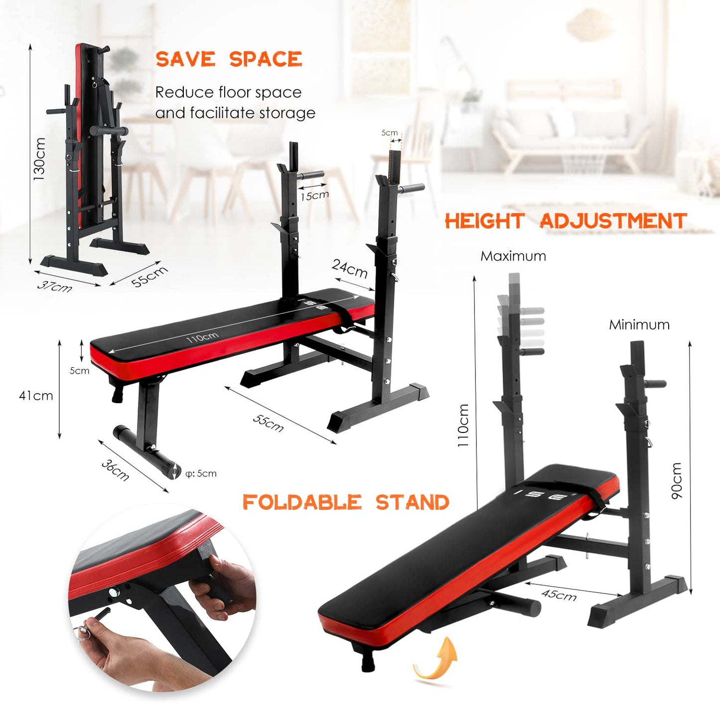 ISE Panca Pesi Multifunzione con Portabilanciere, Panca per Sollevamento, Pesi Pieghevole Panca Regolabile con Portabilanciere, SY-544