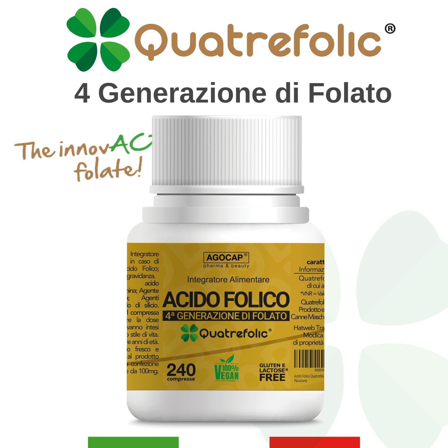 Acido Folico Quatrefolic, 240 compresse di Acido Folico in forma Biologicamente Attiva, assorbimento fino a tre volte maggiore per Gravidanza e Fertilità, Riduce l'affaticamento