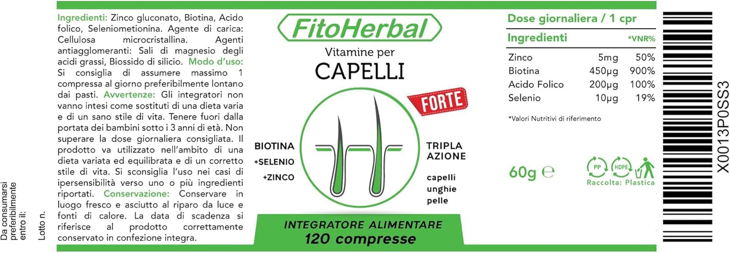 FitoHerbal Biotina + Zinco + Selenio 120 Compresse Integratore Tripla Azione Per Crescita Capelli, Migliora Aspetto Cutaneo Viso, Ridona Forza Resistenza alle Unghie. Qualità Made in Italy