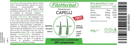 FitoHerbal Biotina + Zinco + Selenio 120 Compresse Integratore Tripla Azione Per Crescita Capelli, Migliora Aspetto Cutaneo Viso, Ridona Forza Resistenza alle Unghie. Qualità Made in Italy