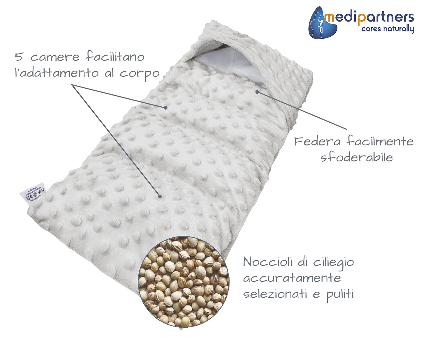 Medi Partners Cuscino Termico noccioli ciliegio 60x20cm 800g 100% Cotone 5 Camere Grande Terapia del freddo Federa sfoderabile (Stelle)