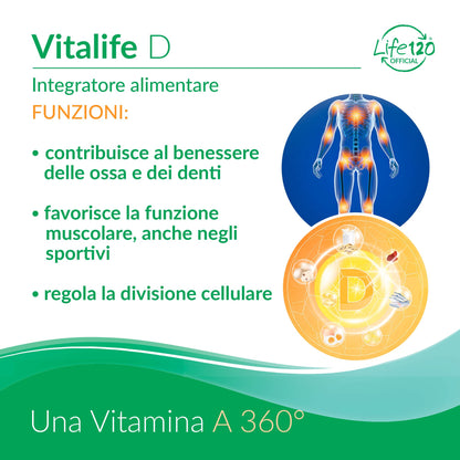 Life 120 - Vitalife D - Integratore alimentare di Vitamina D 2000 UI per softgel, 100 Softgel ad Alto Dosaggio, fondamentale per Ossa, Denti, Muscoli e Sistema Immunitario, 3 Confezioni da 100 Softgel