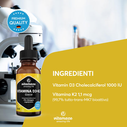 Vitamaze® Vitamina D3 K2 (+1 Anno) di Alto Dosaggio Vitamina D3 + 20 mcg Vitamina K2 al Giorno, 180 Piccole Compresse Vegetariane, Elevata Biodisponibilità, Qualitá Tedesca