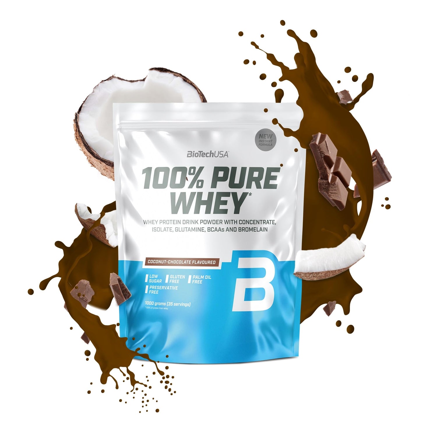 BioTechUSA 100% Pure Whey Complesso proteico del siero di latte con bromelina, aminoacidi, senza zuccheri aggiunti, senza olio di palma e con edulcorante, 1 kg, Cioccolato