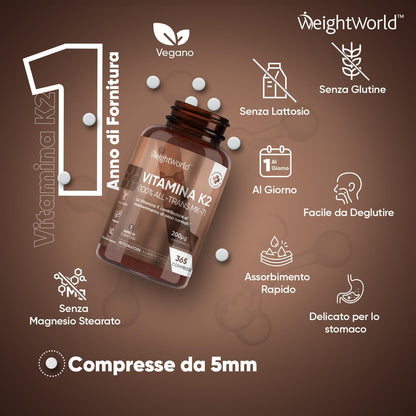 Vitamina K2 MK7 200µg ad Alto Dosaggio, Vegano, 100% All-Trans MK-7, 365 Microcompresse, 1 al Giorno, 1 Anno, Vitamina K Senza Magnesio Stearato, Ossa Normali e Coagulazione, K2 Vitamina, Menachinone