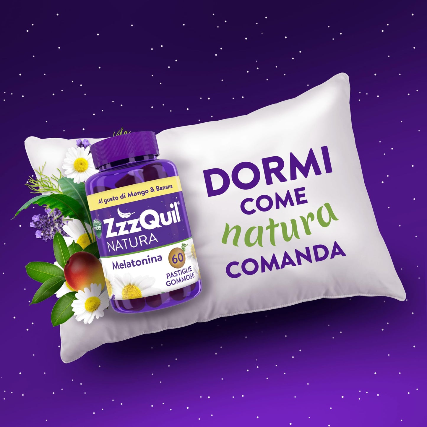 ZzzQuil Natura Melatonina Integratore per Dormire, Gusto Mango e Banana, Con Valeriana, Camomilla, Vitamina B6 e Estratti alle Erbe, 72 Gommose