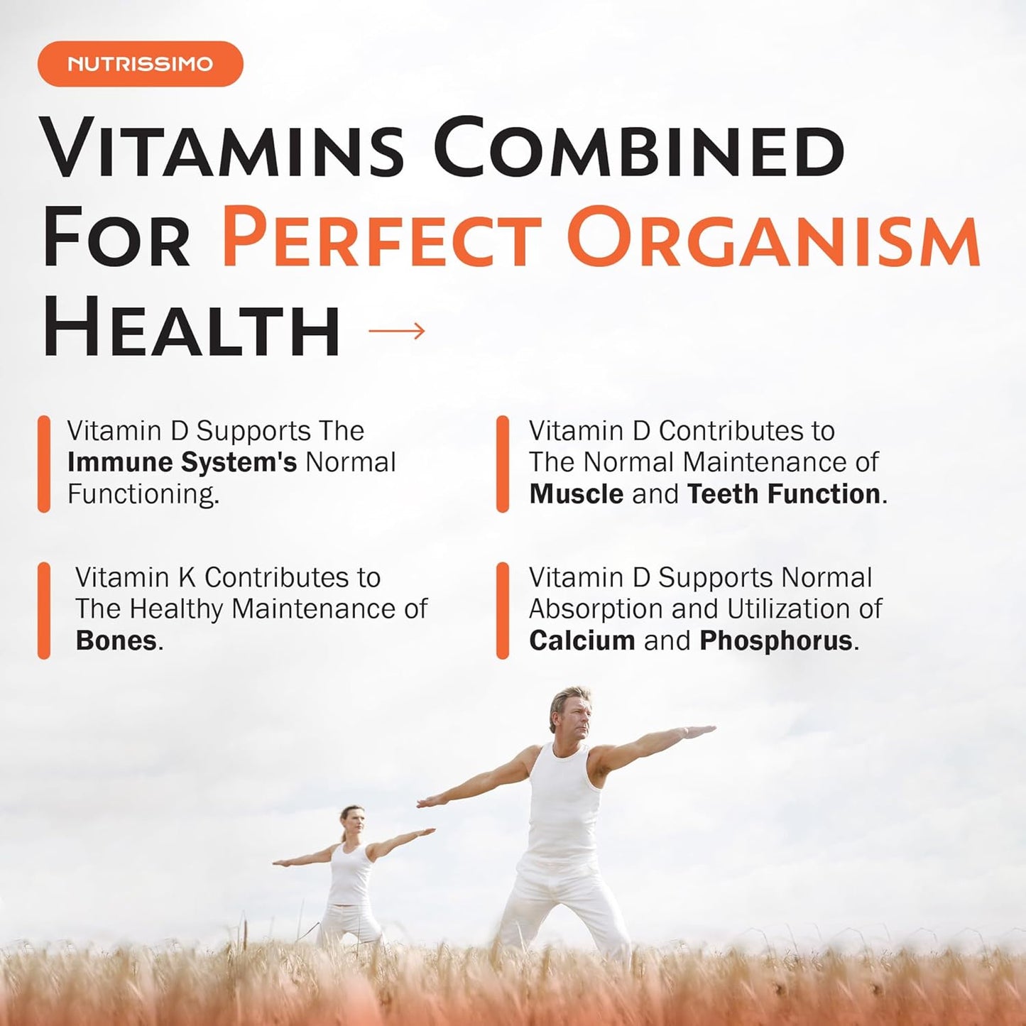 NUTRISSIMO Vitamina D e Vitamina K (D3+K2) | 120 Softgels | 2000 UI D3 + 100µg K2 (PHARMAQUINONE®) | Supporto per Ossa, Muscoli, Denti e Sistema Immunitario