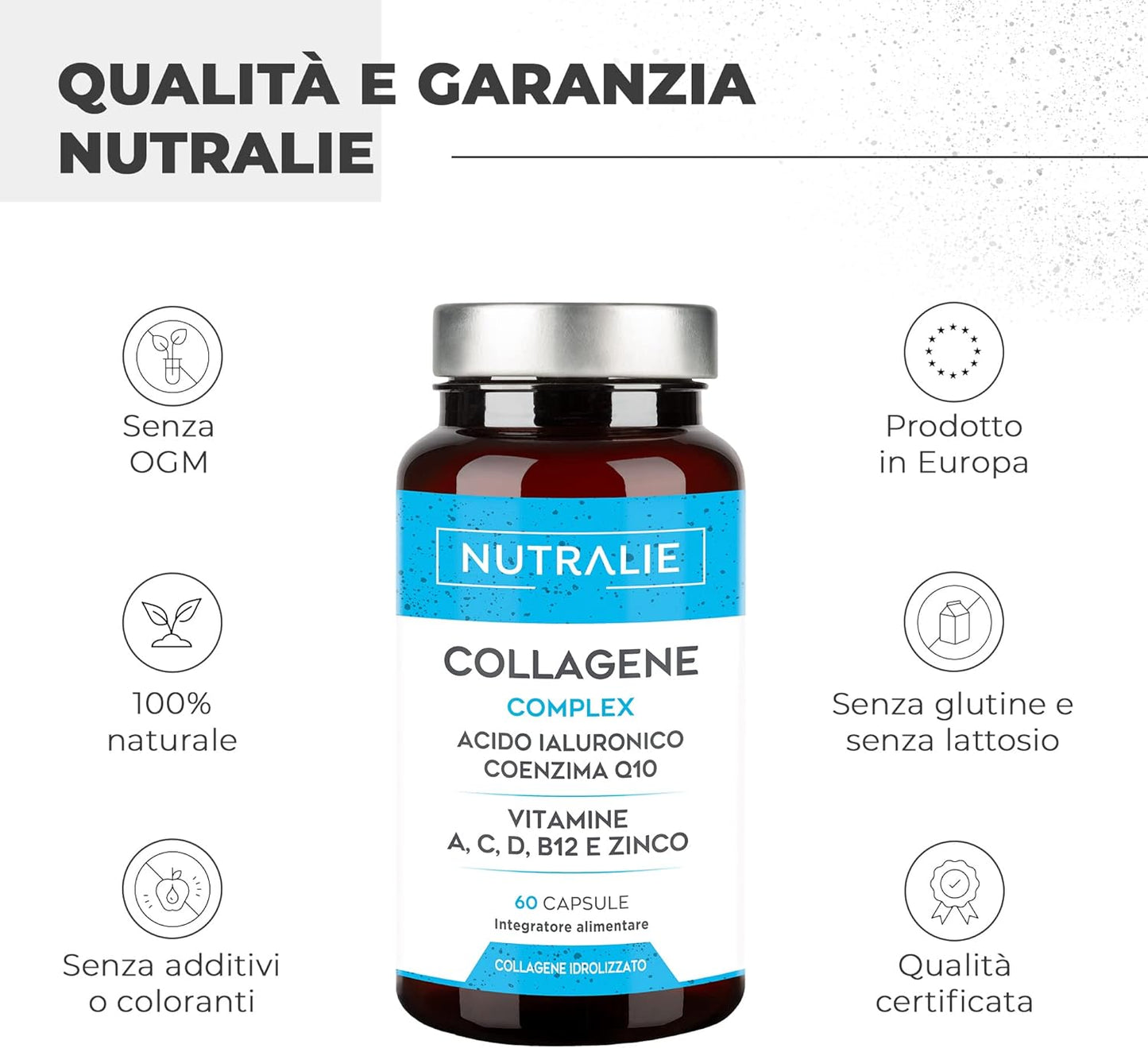 Collagene e Acido Ialuronico - Integratore Collagen Idrolizzato Con Vitamina C, Zinco e Q10 - Collagene Puro Integratore per Pelle, Ossa e Articolazioni - Collagen Complex - 60 Capsule Nutralie