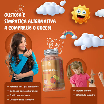 Vitamina D Bambini, 120 Gommose di Vitamina D3 (4 Mesi), Vitamin D Necessaria per la Normale Crescita e Sviluppo delle Ossa nei Bambini, Gommose all'Arancia, Vitamina D per Bambini 1000UI, 3-12 Anni