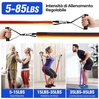 Fokky Elastici Fitness di 4 Livelli di Resistenza, Elastico Fitness con Ancoraggio Porta, Maniglie e Cover Protettiva, Elastici Palestra per Allenamento Stretching Powerlifting Resistenza