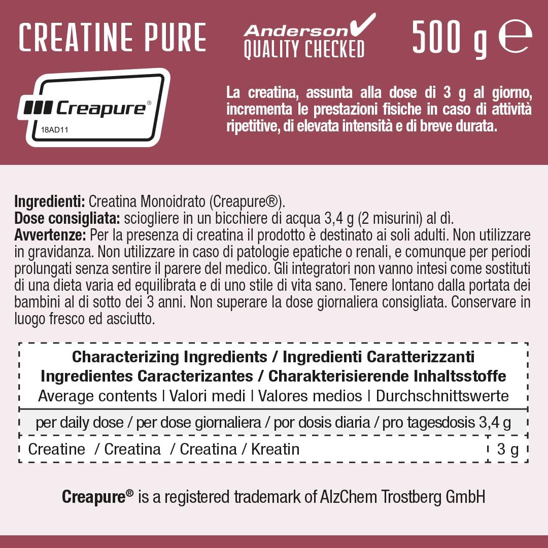 Anderson CREATINA MONOIDRATO PURA – 100% Creapure® in Polvere 500g booster altissima qualità, esente da impurezze e diidrotriazina, 0% origine animale, NO OGM Absolute Series