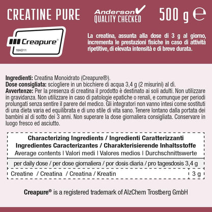 Anderson CREATINA MONOIDRATO PURA – 100% Creapure® in Polvere 500g booster altissima qualità, esente da impurezze e diidrotriazina, 0% origine animale, NO OGM Absolute Series