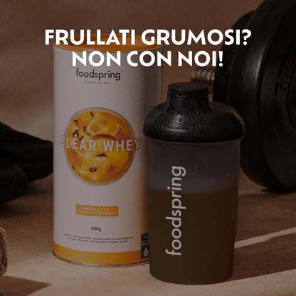 foodspring - Shaker proteine 500ml BPA-free - Borraccia shaker bevande proteiche con tappo a vite, setaccio e scala misurazione - Bottiglia shaker fitness e palestra lavabile in lavastoviglie - nero