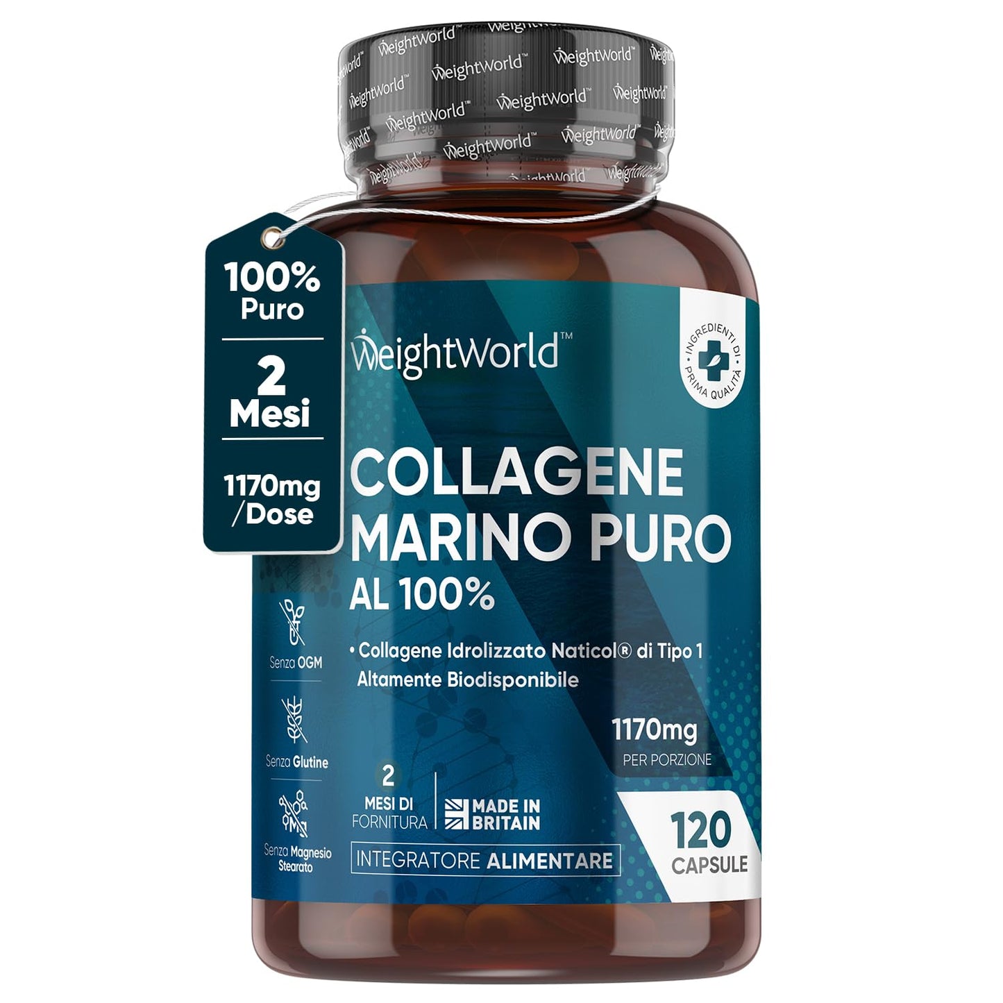 Collagene Marino Idrolizzato Naticol Tipo 1, Peptidi di Collagene Idrolizzato 100%, Collagene Puro Alto Dosaggio Dose da 1170mg, 120 Capsule Collagene Integratore Senza Metalli Pesanti o OGM (2 Mesi)