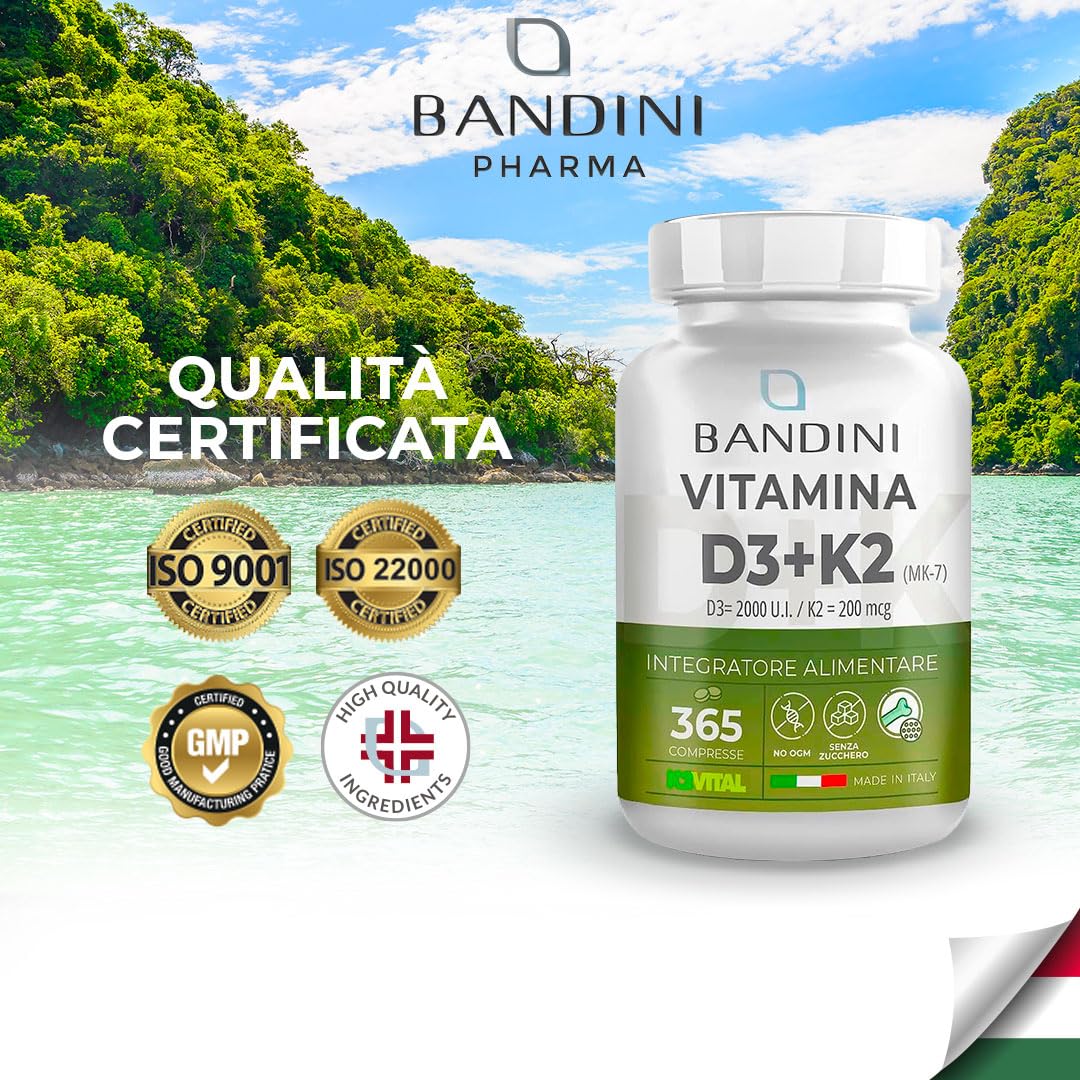 Bandini® Vitamina D3 K2 | 365 COMPRESSE (12 Mesi) | Vitamina D3 2000 UI + 200 mcg Vitamina K2 | K2 MK-7 99% All Trans (K2VITAL®) | Per Ossa, Denti, Muscoli, Articolazioni & Sistema Immunitario