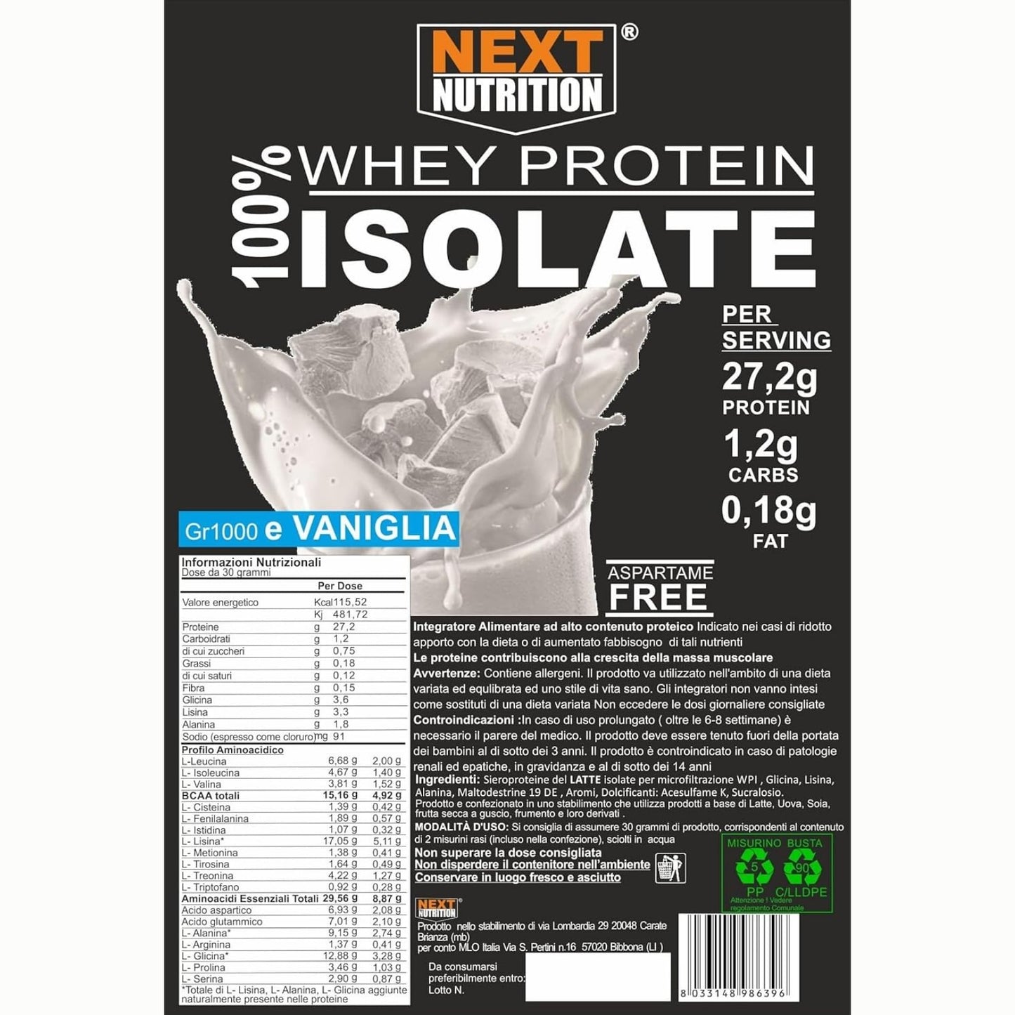 Proteine 100% Isolate WHEY V.B. 104 Gr 1000 Alto Contenuto Proteico Cacao Solo 0,18gr di Grassi 1,2gr di Carboidrati per dose Recupero Muscolare 90% Whey Protein in Polvere Prodotte in Italia