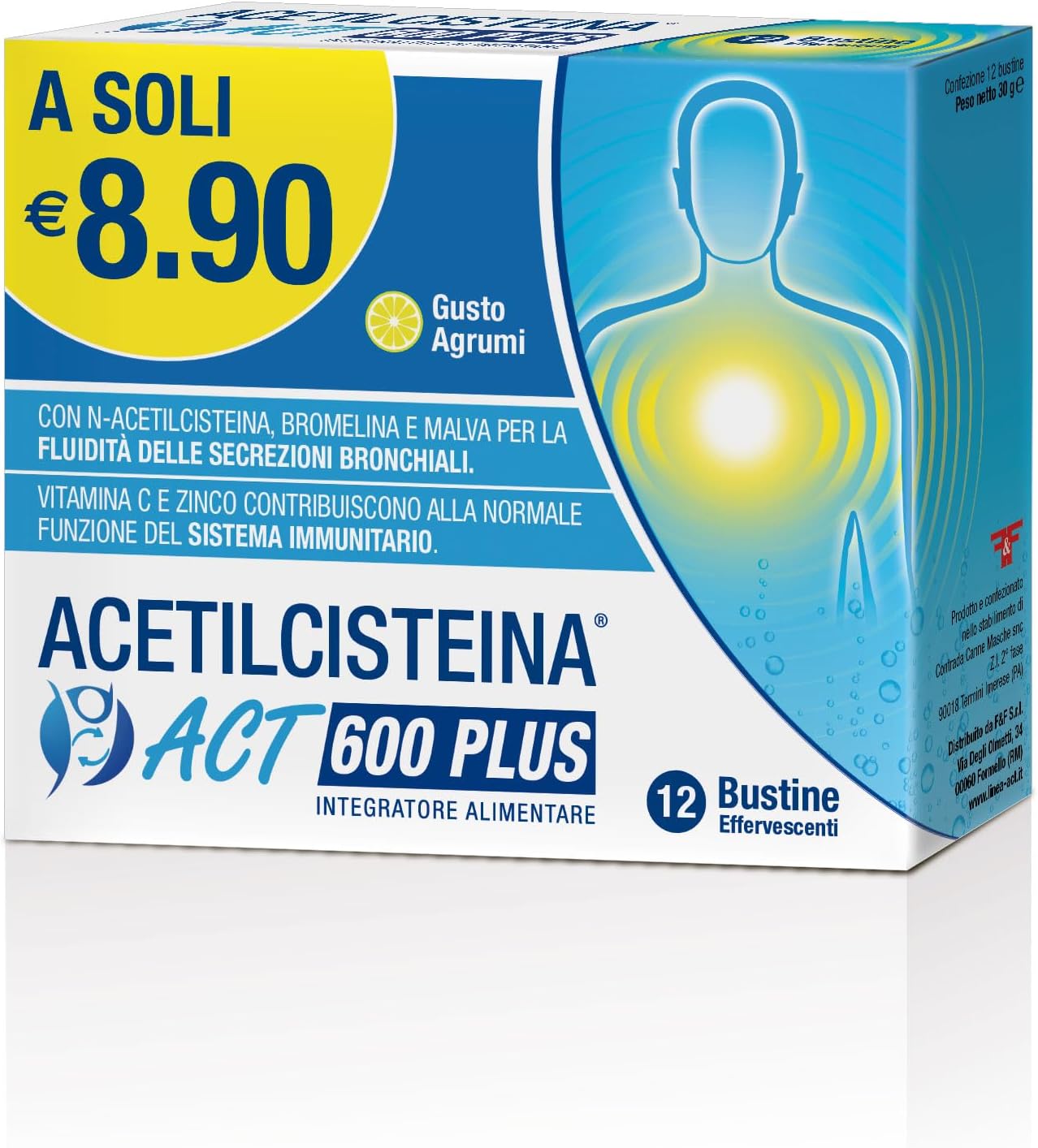 Acetilcisteina ACT 600 PLUS, Integratore Alimentare per Supportare la Salute Respiratoria con N-Acetilcisteina, Bromelina, Vitamina C, Zinco e Malva - 1 Confezione Bipack da 24 Bustine Effervescenti