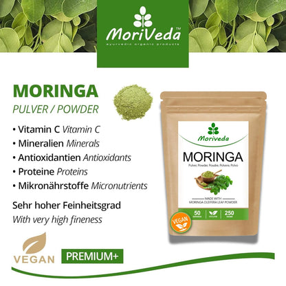 Moringa in polvere 250g - Vegan e senza glutine - La polvere di foglie di oleifera contiene vitamine, proteine, aminoacidi, micronutrienti con la massima biodisponibilità - da MoriVeda - 1 x 250g