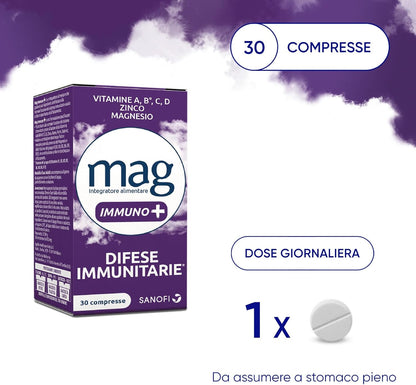 Mag Immuno+ Difese Immunitarie, Integratore Alimentare con Vitamine e Minerali per Supportare le Difese Immunitarie, con Magnesio Contro Stanchezza e Affaticamento, 30 Compresse