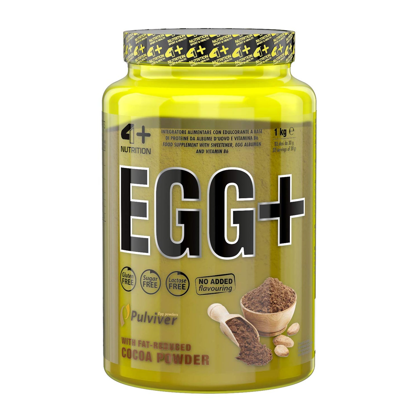 4+ NUTRITION - Egg+, Integratore Sportivo, Proteine di Albume d'Uovo, Crescita della Massa Muscolare e Riduzione della Stanchezza e Affaticamento, Gusto Cocoa, 1 kg