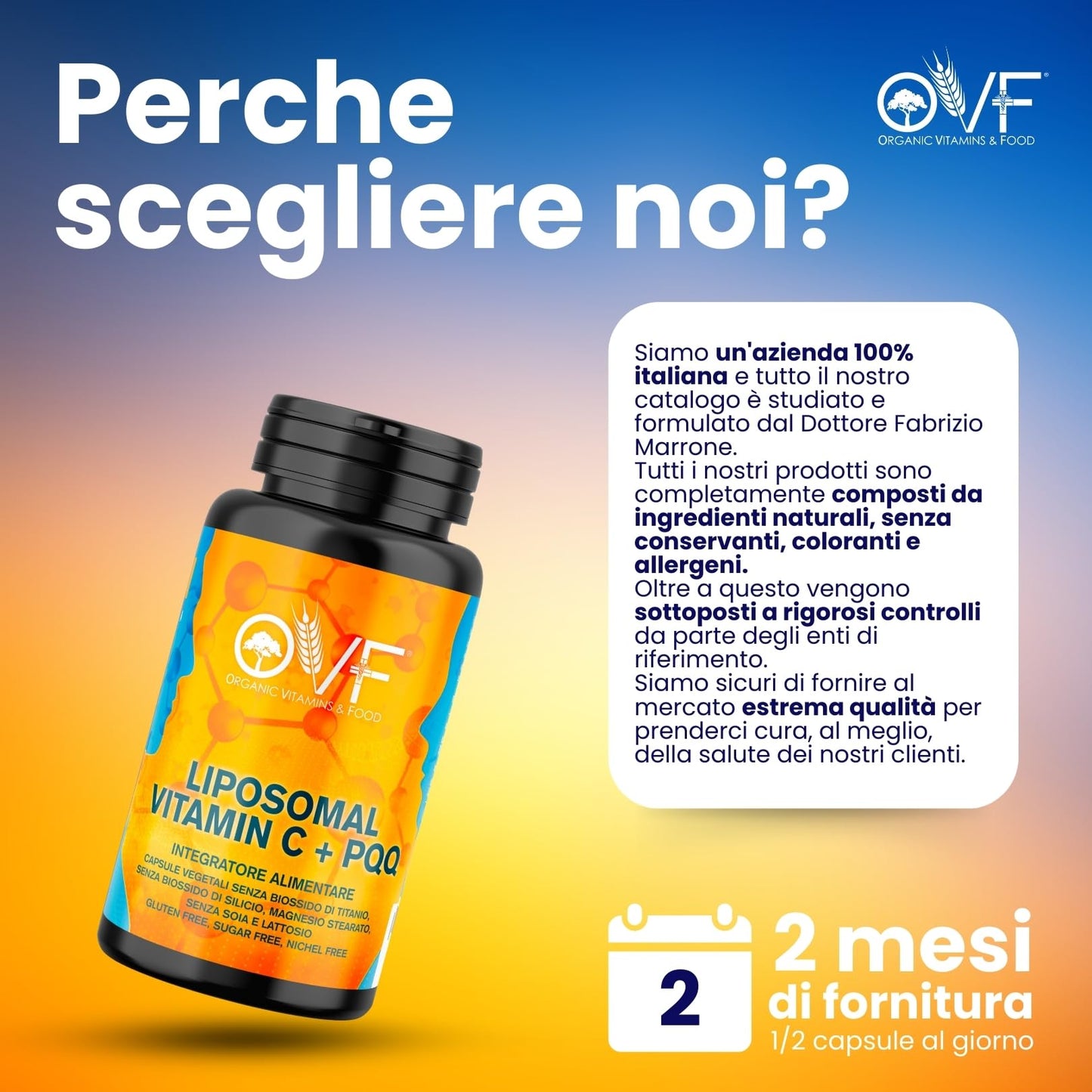 OVF Vitamina C Liposomiale 1000mg Vegana | La migliore formula di Vitamina C 1000mg naturale con l'aggiunta di 10mg PQQ per massimizzare l'assorbimento | 60 capsule Made in Italy