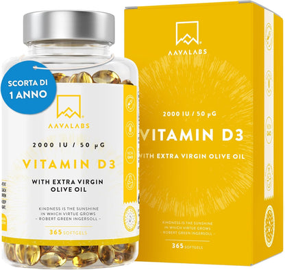 Vitamina D3 2000 UI [Fornitura di 1 Anno] - Integratore Vitamina D 2000 UI con Olio EVO per assorbimento ottimale - Non OGM - Contribuisce alla funzione ossea, muscolare e immunitaria - 365 Capsule