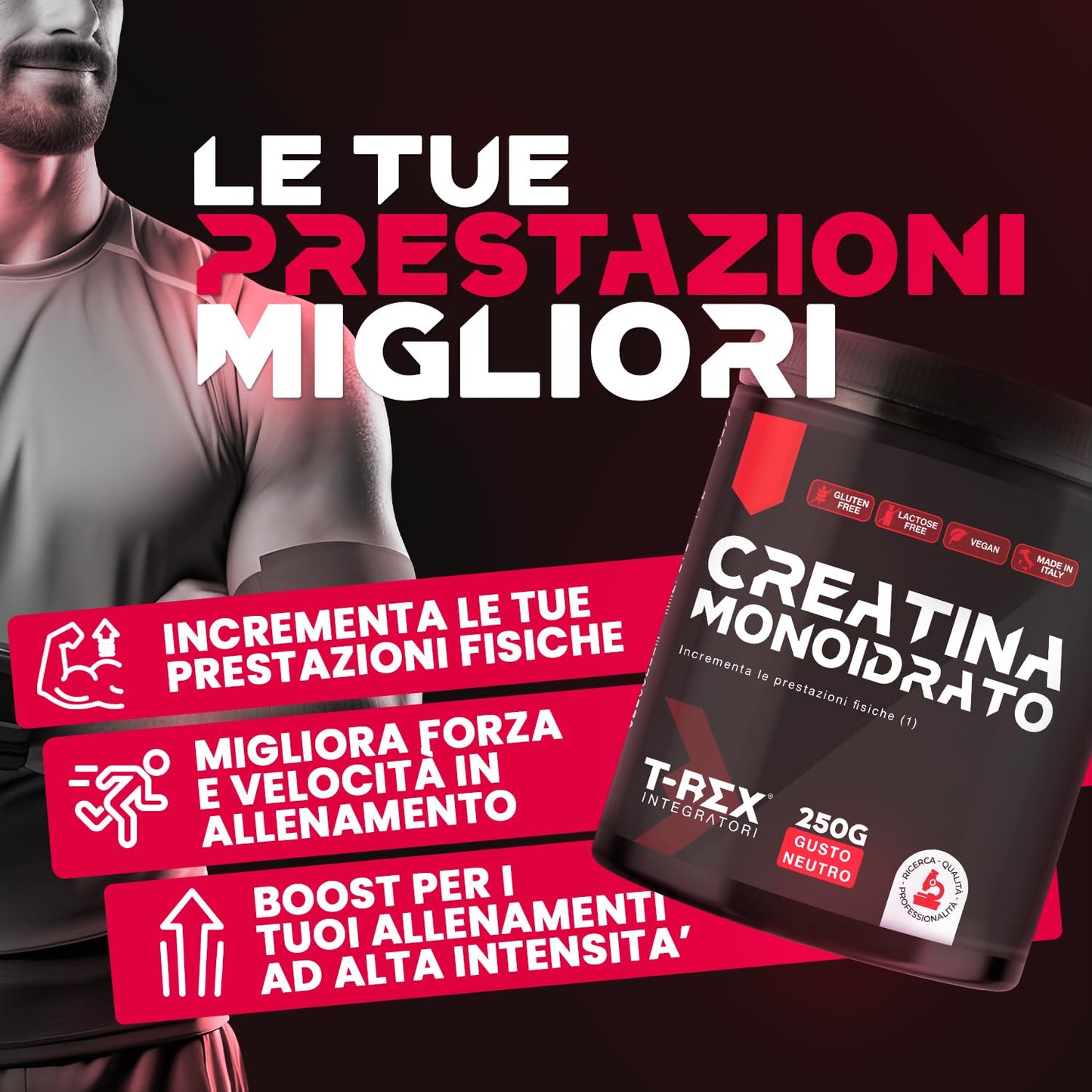 T-Rex Integratori Creatina Micronizzata Monoidrata 100 compresse da 1300mg - Integratore alimentare per massa muscolare e boost energetico pre workout