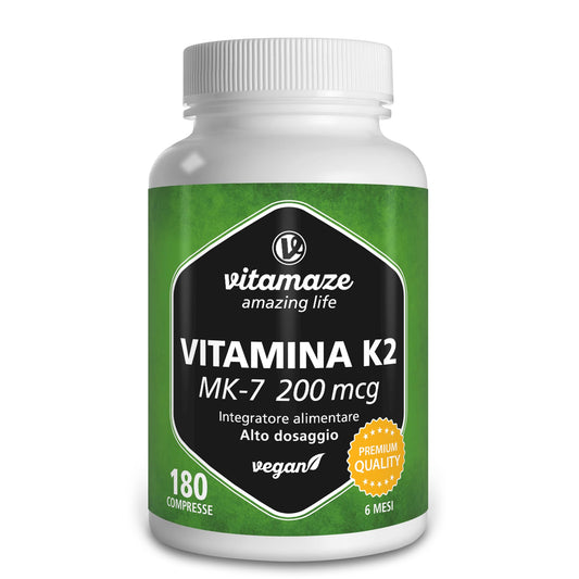 Vitamaze® Vitamina K2 MK-7 Alto Dosaggio Menachinone, 180 Compresse Vegan, Qualità Tedesca, Naturale Integratore Alimentare senza Additivi non Necessari