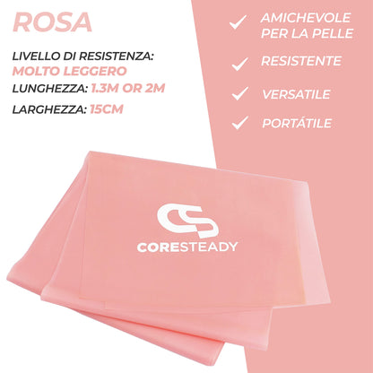 Coresteady Elastici Fitness - Elastico Fitness Pilates - Fasce Elastiche Fitness Fisioterapia e Yoga - Elastici Palestra per Forza - Set Elastici Fitness con Guida Gratuita