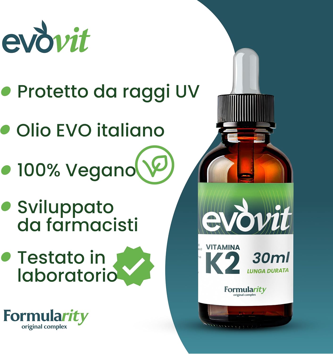 EVOVIT VITAMINA K2-7 Mesi di Durata - In Olio Extravergine d'Oliva Italiano Spermuto a Freddo, Integratore Naturale ad Alta Biodisponibilità - Senza Zuccheri, Glutine, Lattosio | Made in italy 30ml