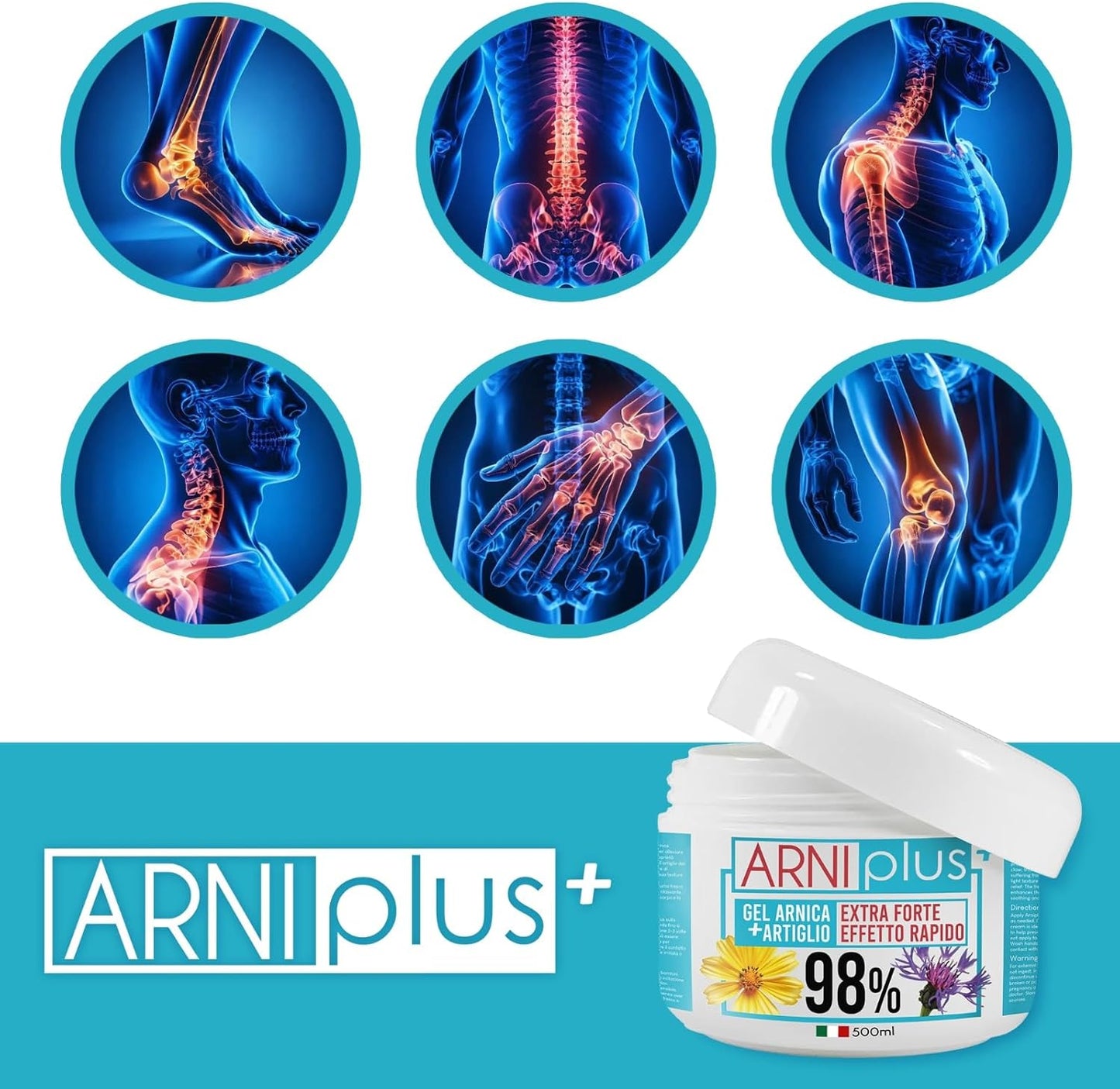 ARNIplus+ Arnica per cavalli uso umano, Gel extra forte 98%, assorbimento rapido, non unge, Arnica montana + Artiglio del diavolo, 500ML, made in italy