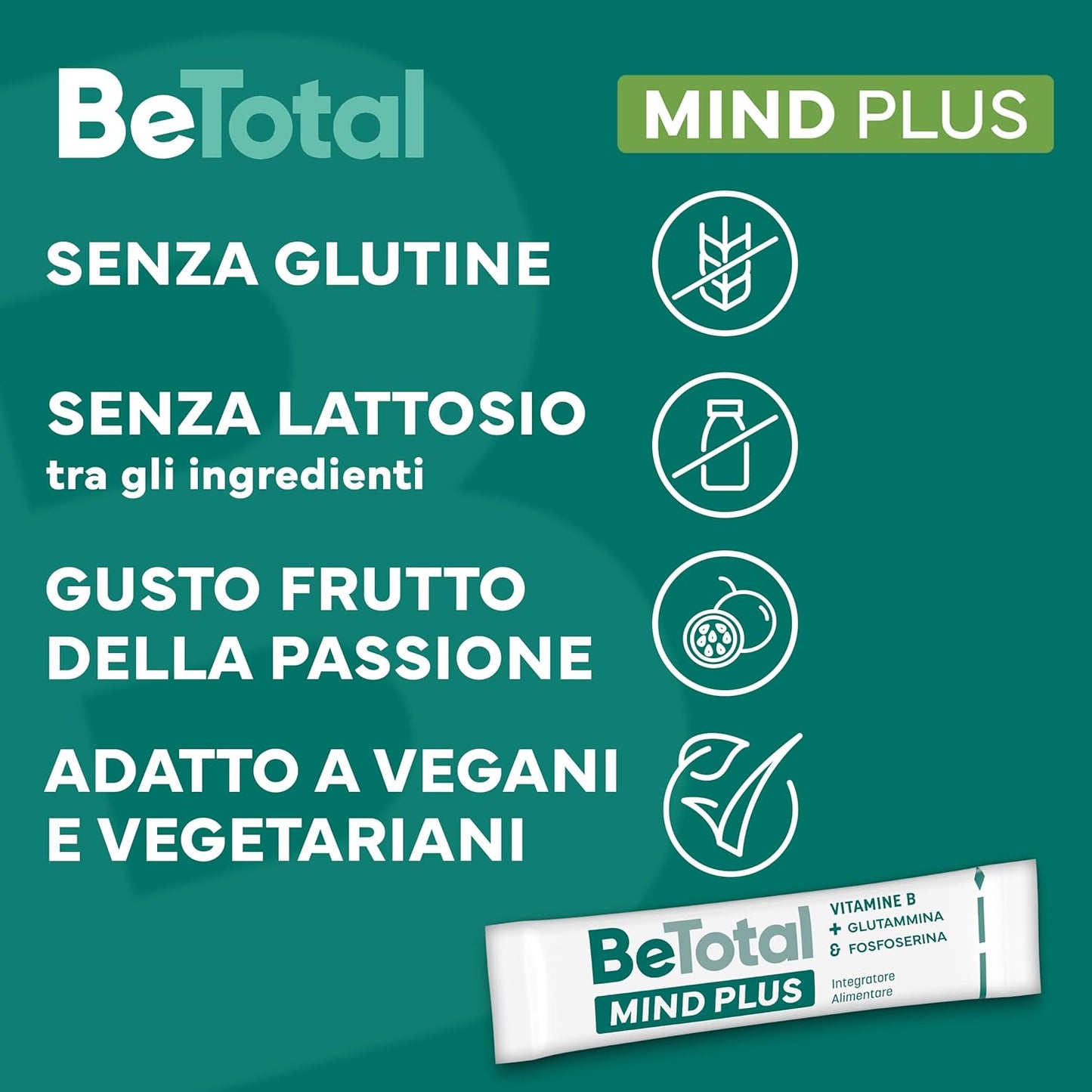 Be-Total Mind Plus, Integratore Alimentare con Vitamina B, Fosfoserina, L-Glutammina, Supporto per Stanchezza Mentale, Memoria e Concentrazione, Adulti e Bambini 6+, 20 Bustine