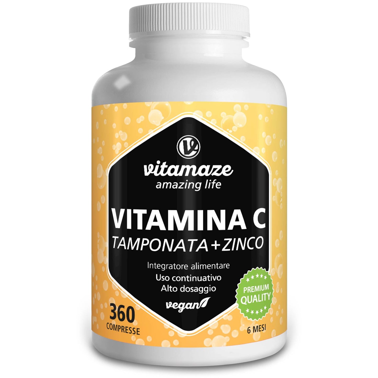 Vitamina C 1000mg (1 Anno) + Zinco + Bioflavonoidi, 360 Compresse, 1 Compresse per Giorno, Vegan Vitamina C Pura Dose Forte, Qualità Tedesca, Integratore Alimentare senza Additivi. Vitamaze®