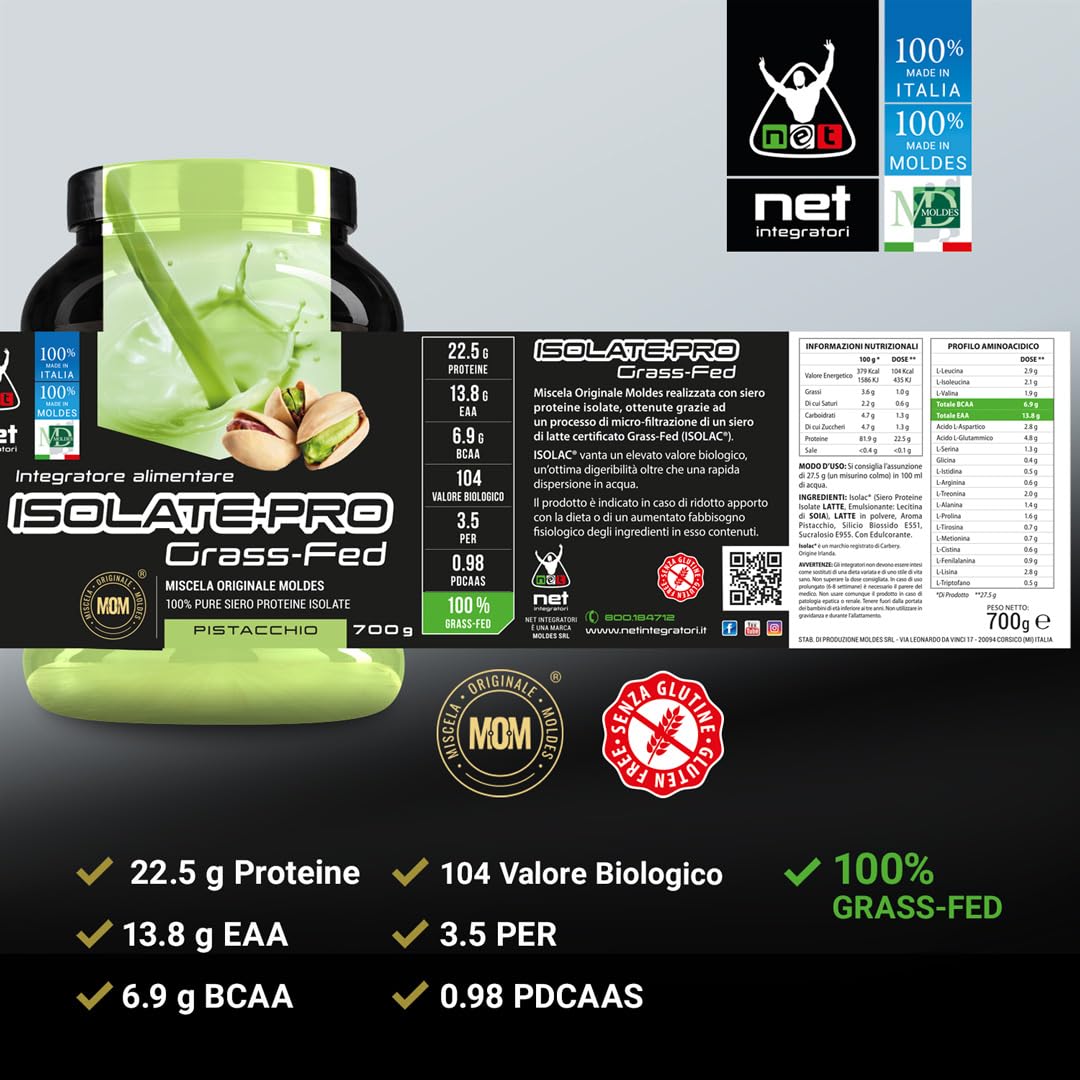 NET Integratori ISOLATE PRO Grass Fed - 700g Cioccolato - Proteine Isolate Con EAA Aminoacidi Essenziali e BCAA - Massimizza La Sintesi Proteica e La Crescita Muscolare