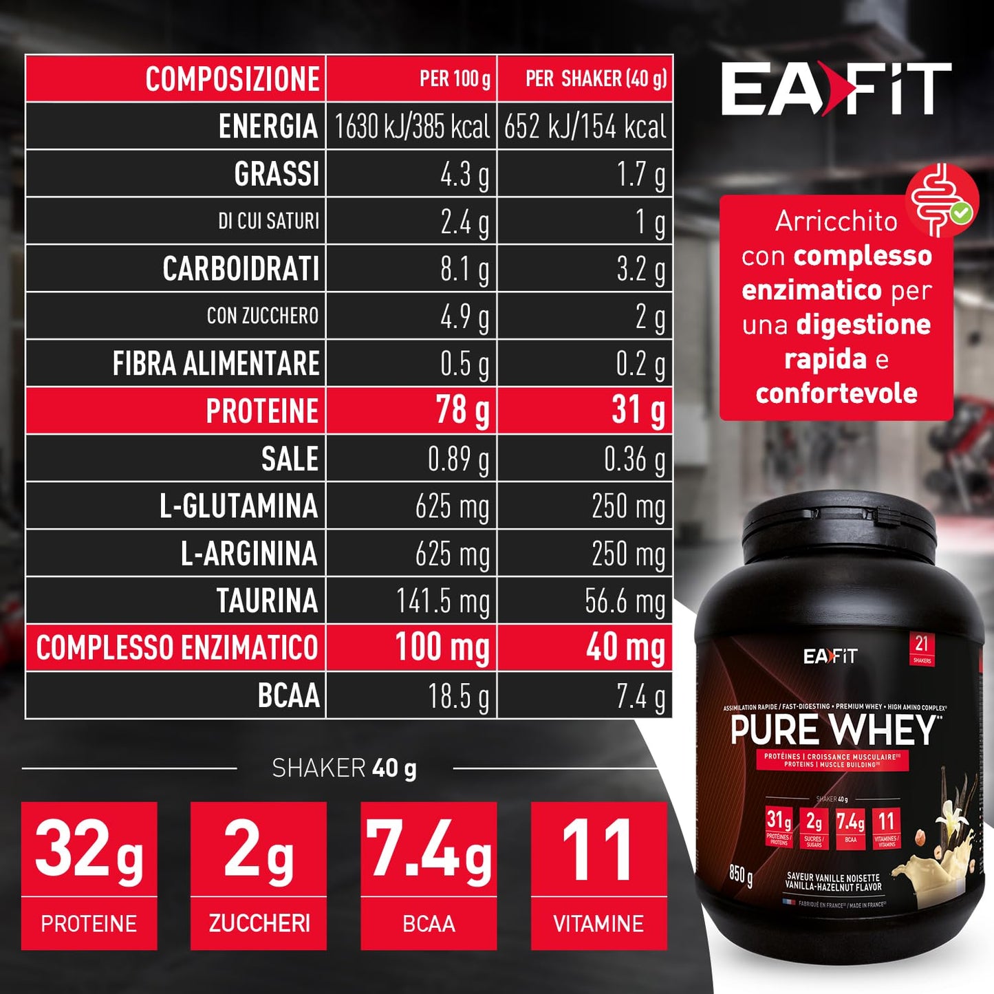 Proteine Whey Pure Whey EAFIT, 850g, Proteine in Polvere del Siero del Latte, Gusto Intense Vaniglia, Aminoacidi ed Enzimi Digestivi, Proteine Massa Muscolare, Assimilazione Rapida, Whey Protein