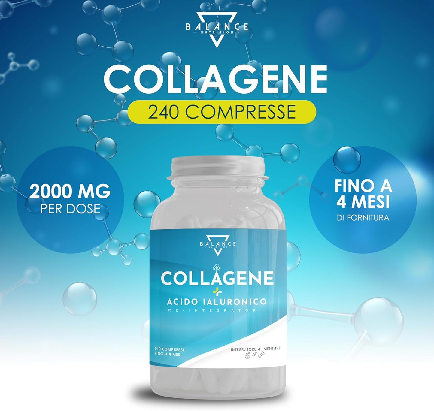 COLLAGENE IDROLIZZATO 2000MG - 240 COMPRESSE | Collagene e Acido Ialuronico, Coenzima Q10, Vitamina C, Biotina e Zinco per Pelle, Ossa e Articolazioni