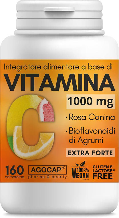 Vitamina C 1000mg, 160 compresse Vegane con Bioflavonoidi da Agrumi e Rosa Canina, alto assorbimento. Rinforza il sistema immunitario | Vitamina C pura. Made in Italy, Agocap