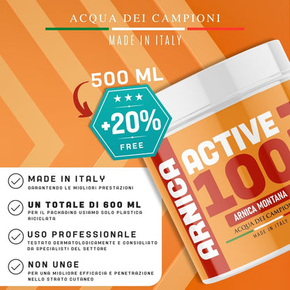 Active 100 Crema Arnica per Cavalli Uso Umano Extra Forte 600 ml, Pomata Rinfrescante per Massaggi Locali Muscoli e Articolazioni, 100% Naturale, Formato Grande e Conveniente - Acqua dei Campioni