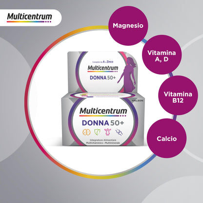 Multicentrum Donna 50+ Integratore Multivitaminico completo, con Magnesio, Vitamina A, D, B12, Calcio, per combattere stanchezza e affaticamento per Donne oltre 50 anni, 100 Compresse