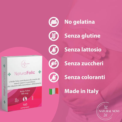 Acido Folico 400 mcg NaturalFolic® |160 compresse | oltre 5 mesi di fornitura | Senza lattosio e Senza Glutine | Gravidanza e Fertilità