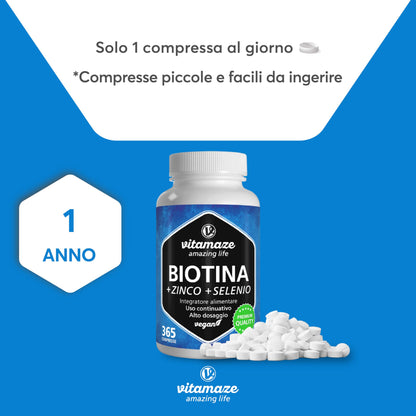 Vitamaze® Biotina Capelli + Selenio + Zinco, 365 Compresse (1 Anno) Crescita di Capelli, Pelle e Unghie Sani, Vitamina B7, Integratori per Capelli, Qualità Tedesca