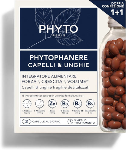 Phyto Phytophanere Integratore Alimentare Naturale Fortificante, Per Capelli e Unghie, Crescita e Volume, Senza Siliconi, Confezione doppia da 90 capsule (Totale 180 capsule)