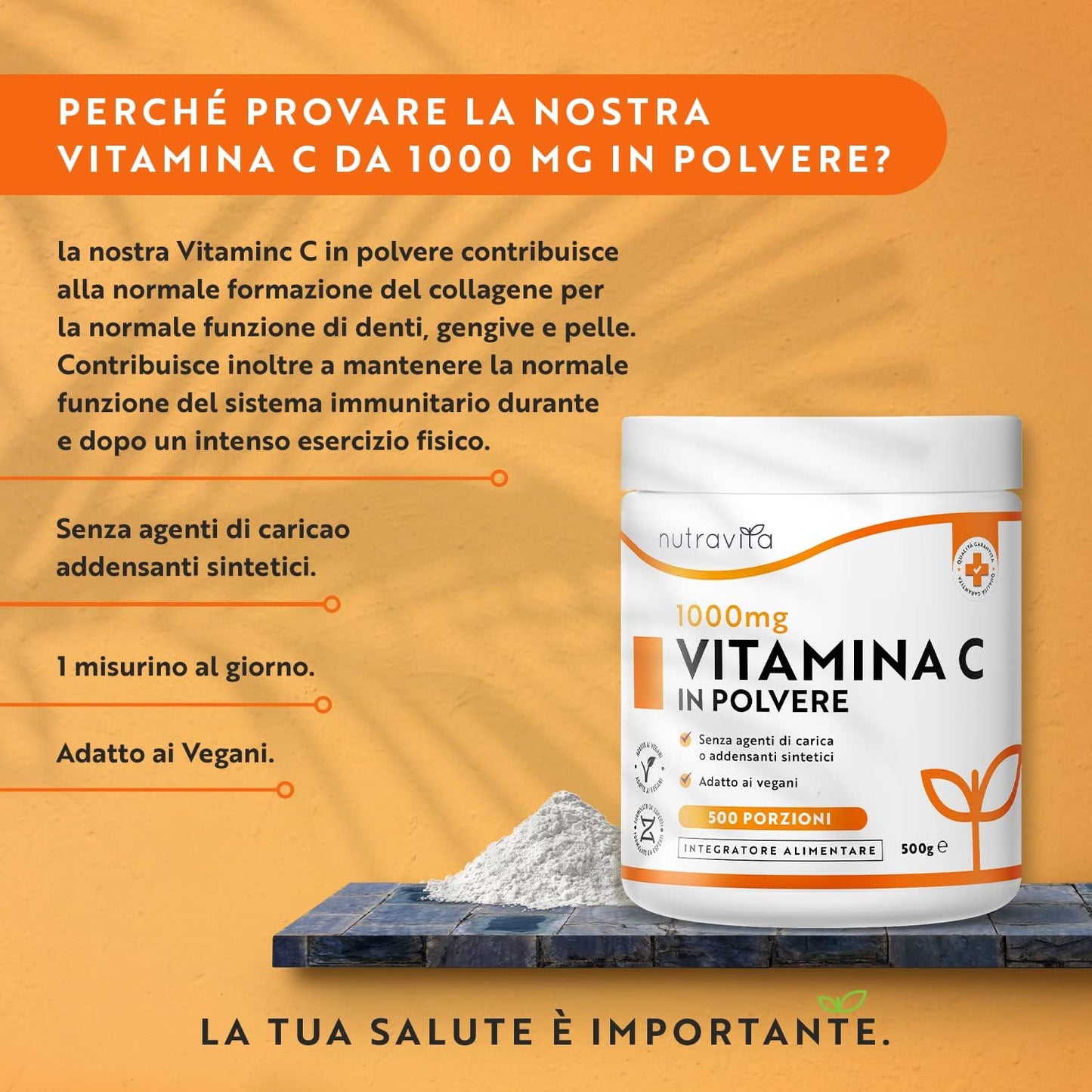 Vitamina C in polvere 500 g - 1000 mg per porzione - scorta per 16 mesi - Acido ascorbico puro in polvere finissima - Supporta il sistema immunitario e riduce la stanchezza - Nutravita