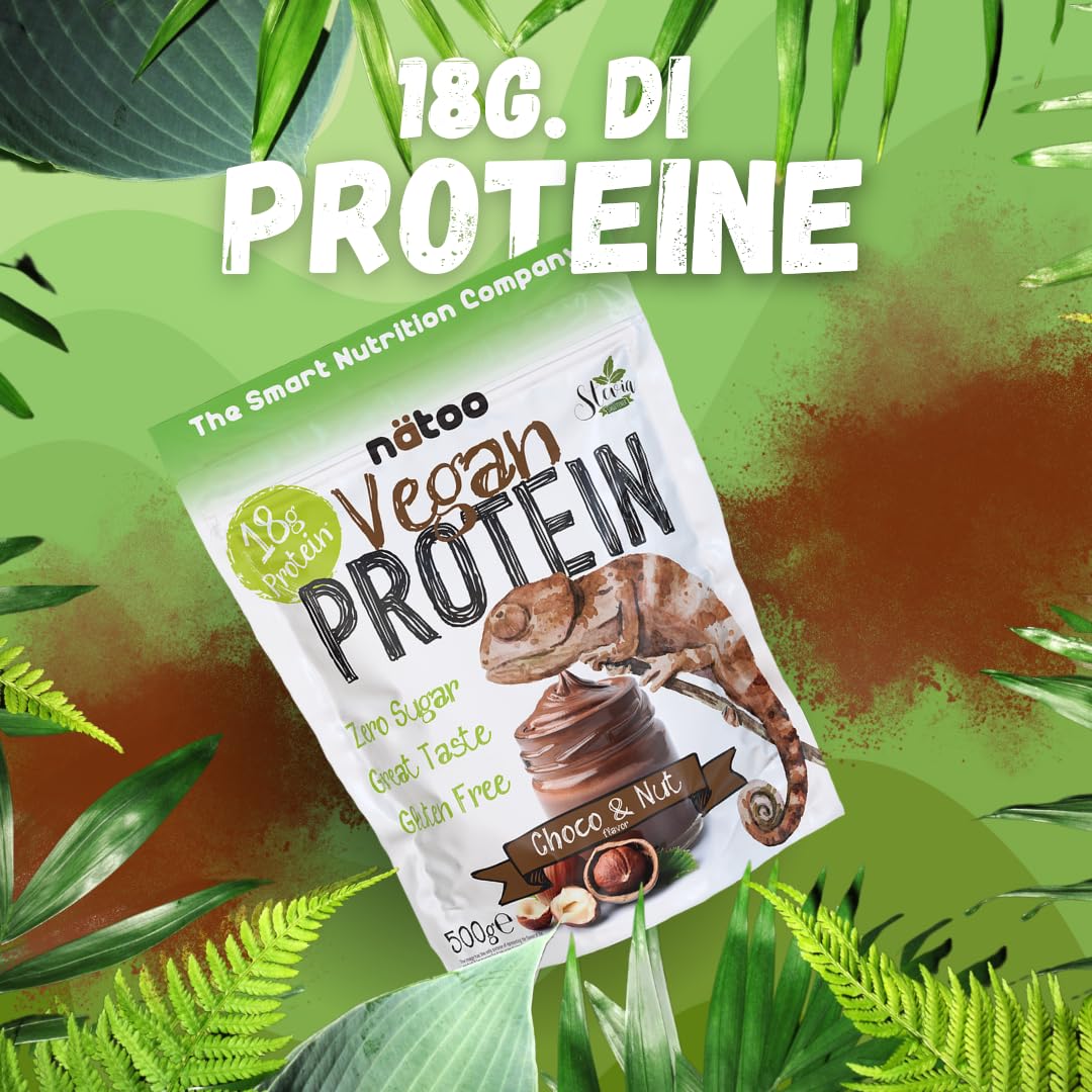 NÄTOO Proteine in Polvere Vegane - 500g Gusto Choco Nut senza Zucchero - Proteine in Polvere Isolate Vegetali provenienti dal Pisello e dal Riso - 18 grammi per Porzione - Proteine senza lattosio