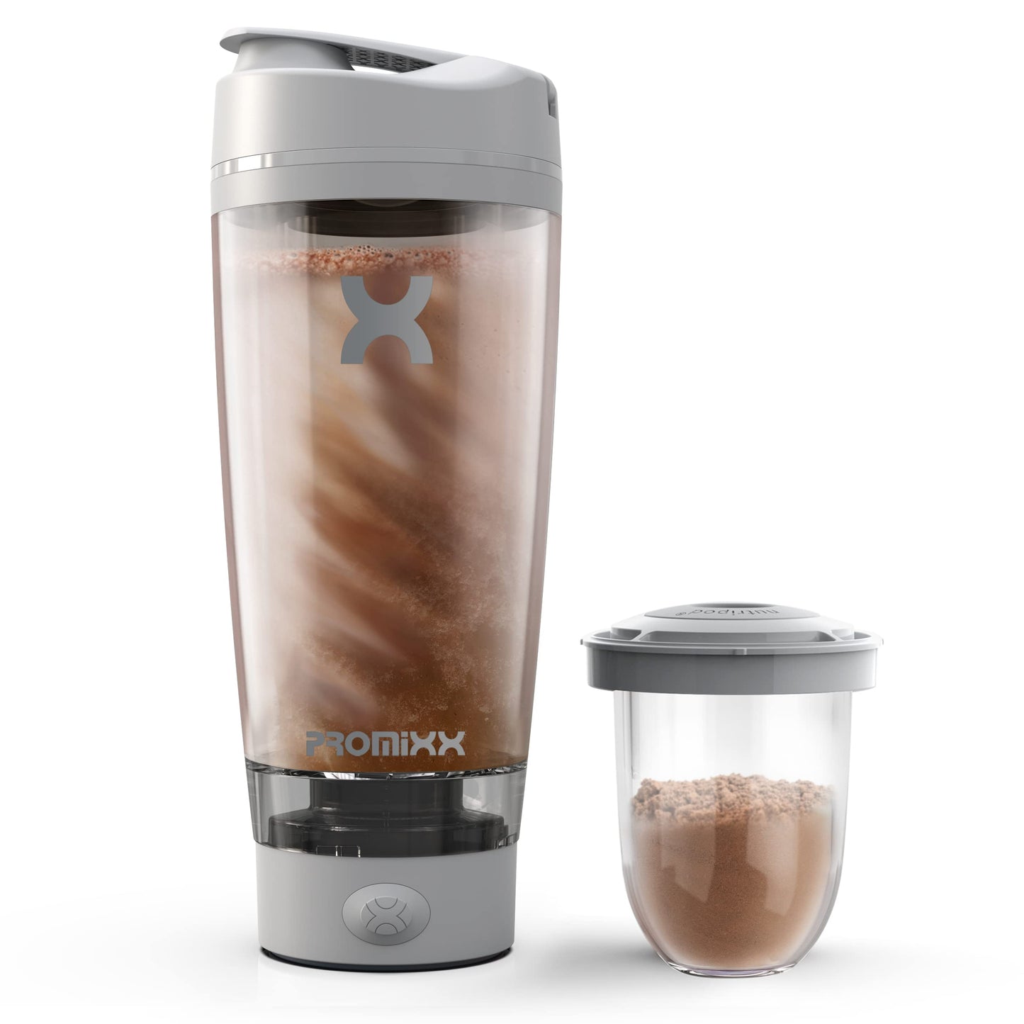 Promixx Pro Shaker Bottle - Ricaricabile, Potente per Frullati Proteici Lisci - Includere Deposito di Proteine - senza BPA - Tazza da 600 ml (Grafite/Arancia)