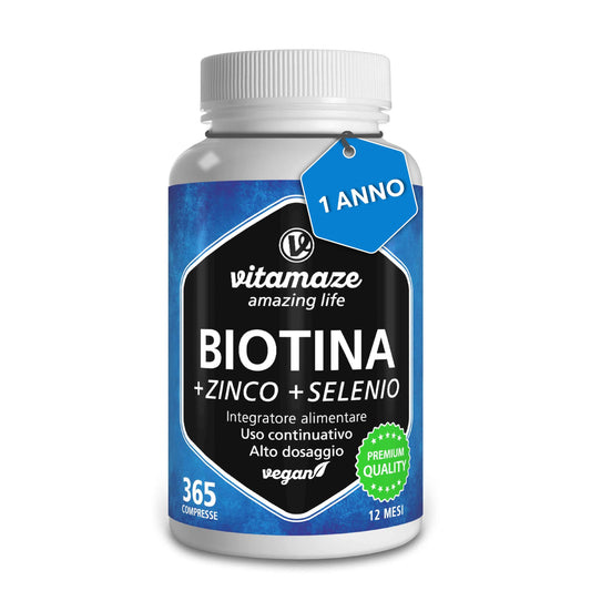 Vitamaze® Biotina Capelli + Selenio + Zinco, 365 Compresse (1 Anno) Crescita di Capelli, Pelle e Unghie Sani, Vitamina B7, Integratori per Capelli, Qualità Tedesca