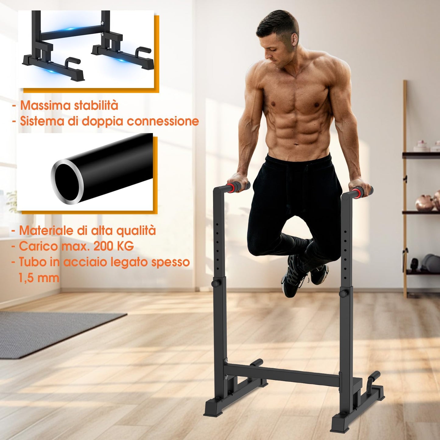 DH FitLife - Dip Parallele Calisthenics Robuste, Stabili e Versatili per Allenamento a Casa | Dip Station Regolabile in 2 Versioni: 3 o 9 Altezze, Ideale per Parallele Dip, Push Up e Sviluppo Forza