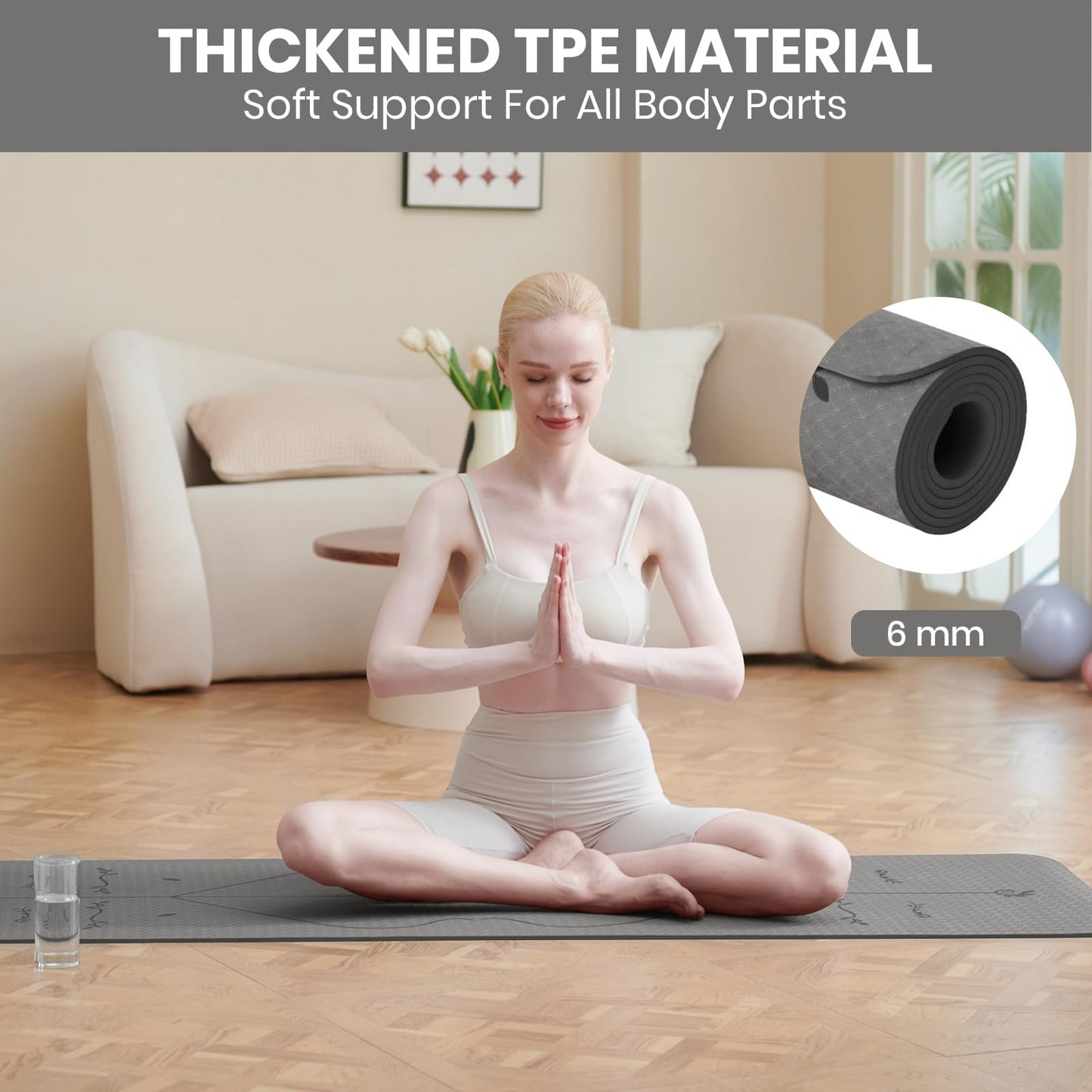 Good Nite Tappetino da yoga da 6 mm, in TPE, antiscivolo, per fitness, pilates, allenamento, yoga, pilates, allenamento, 183 x 61 x 0,6 cm