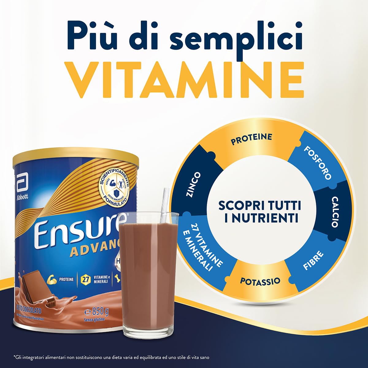 Ensure Advance Integratore Alimentare Proteico in Polvere, con 27 Vitamine e Minerali, Integratore Alimentare con Proteine, Calcio e HMB, Confezione 850g, Gusto Cioccolato