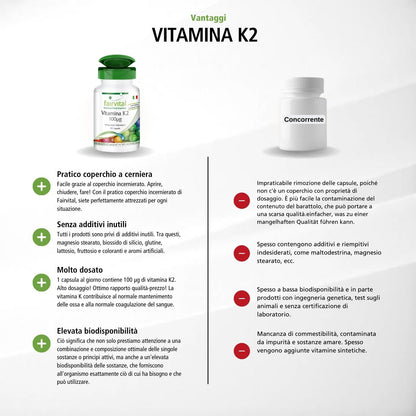 Fairvital | Vitamina K2 100mcg, menachinone naturale, MK-7, vegan, 90 capsule